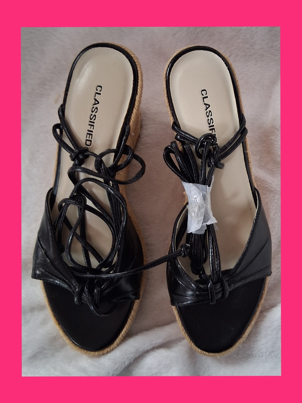 CLASSIFIED Black Lace-Up Espadrille Wedge Sandals with Wrap Ties